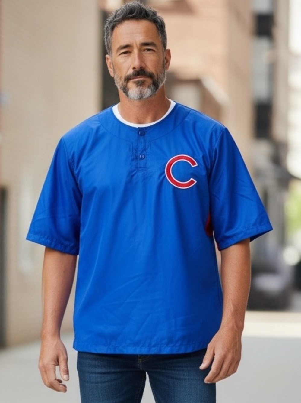 STARTER Vintage Blue Chicago Cubs Baseball Pullover with Red Accents. Mens Large